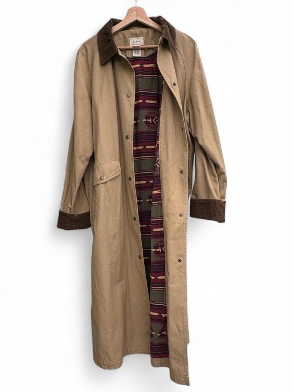Vtg LL Bean Trench Chore Coat XL Aztec Blanket Lined Long Jacket Granola Gorp 90